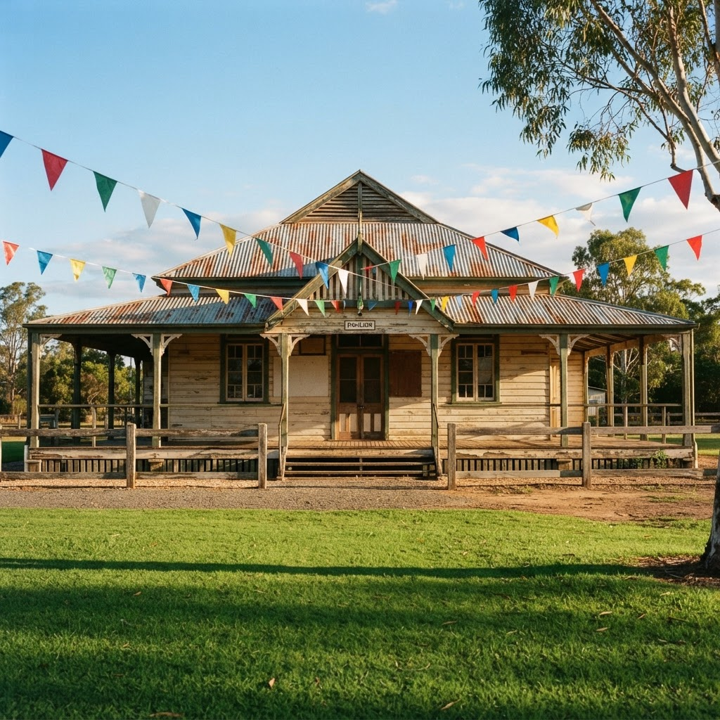 Gin Gin Showground pavilion with colourful bunting and green lawns