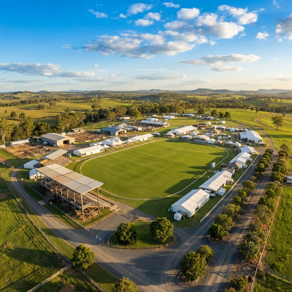 Aerial view of Gin Gin Showground's green arena with white pavilions under a bright Queensland sky