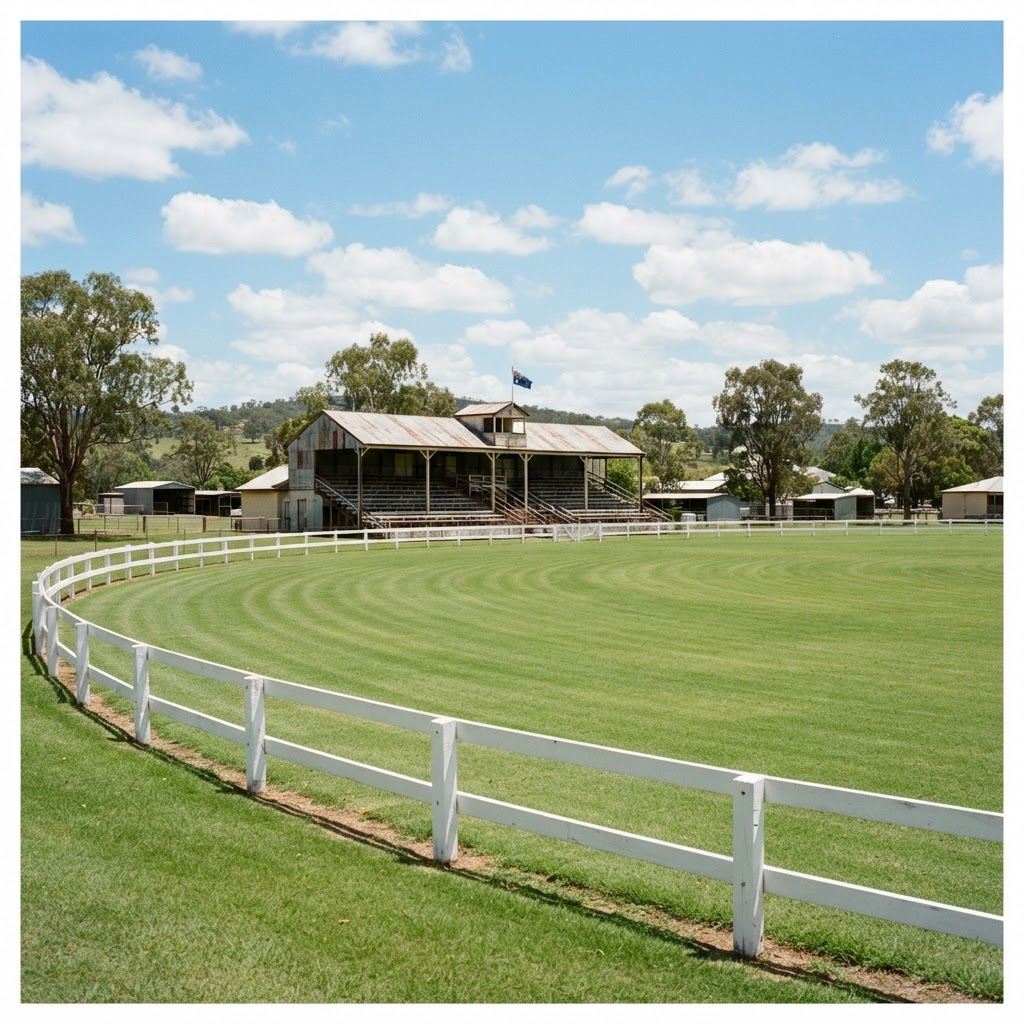 Showground main arena with white post-and-rail fencing and grandstand