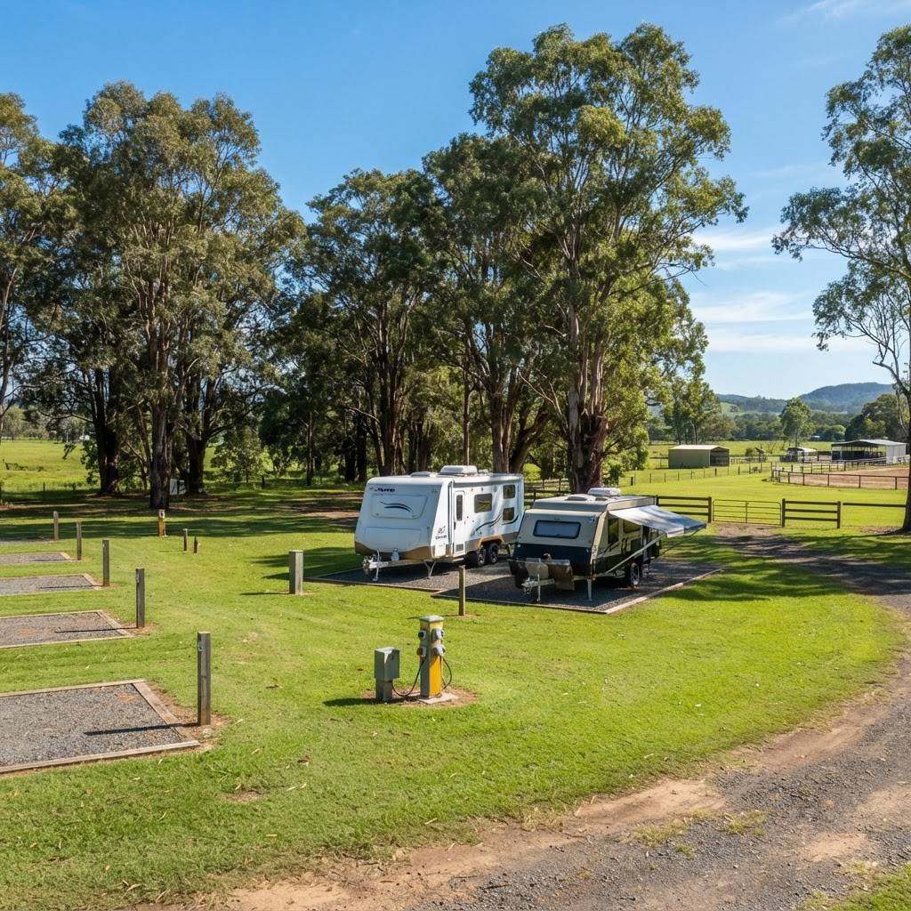 Grassy powered caravan and camping sites with shade trees at the showground