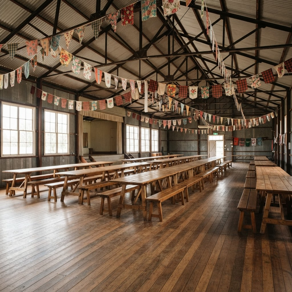 Showground pavilion hall decorated with bunting ready for the annual show